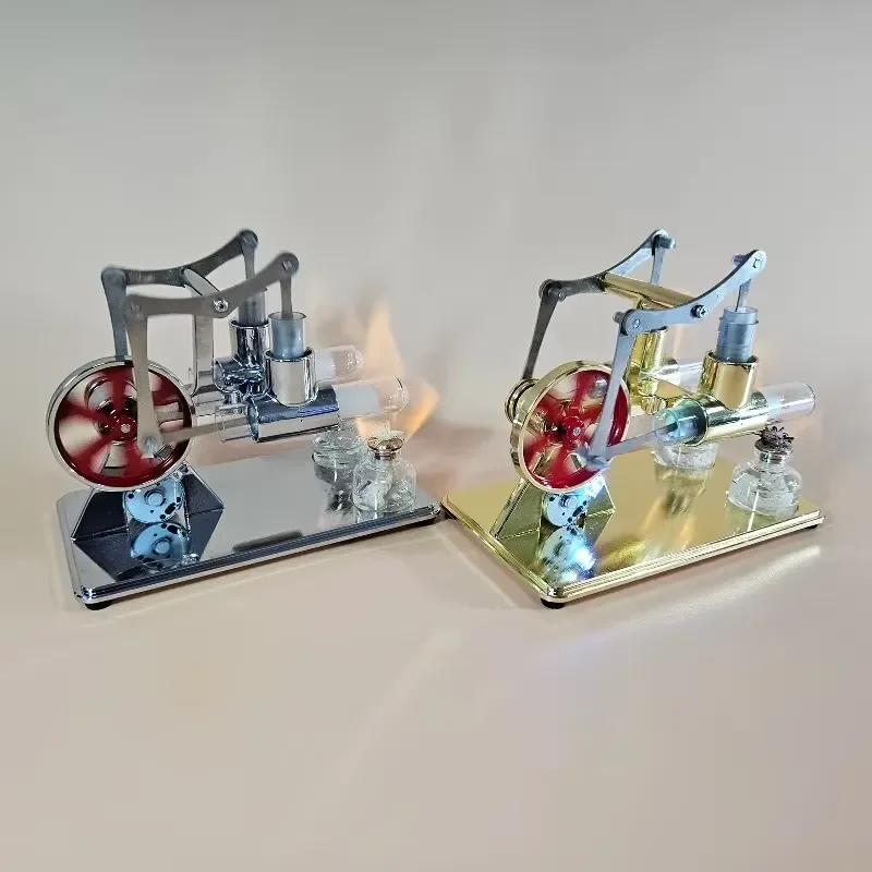Hot Air Stirling Engine Electricity Generator Motor Physical Dual Engine Model with LED Bulb Dollar Flywheel Design DIY Toy