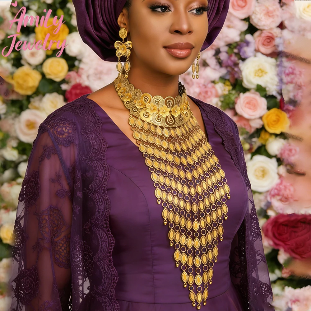 Long Necklace Fashion Earring Exaggerated Jewelry Drop Earring Jewelry Gold Color African Necklace Dubai Wedding Party Design
