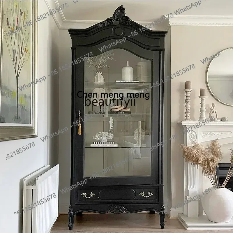

ss 8617 American-Style Solid Wood Vintage Art Sideboard Wine Cabinet Nordic Minimalist Black Glass Curio Cabinet