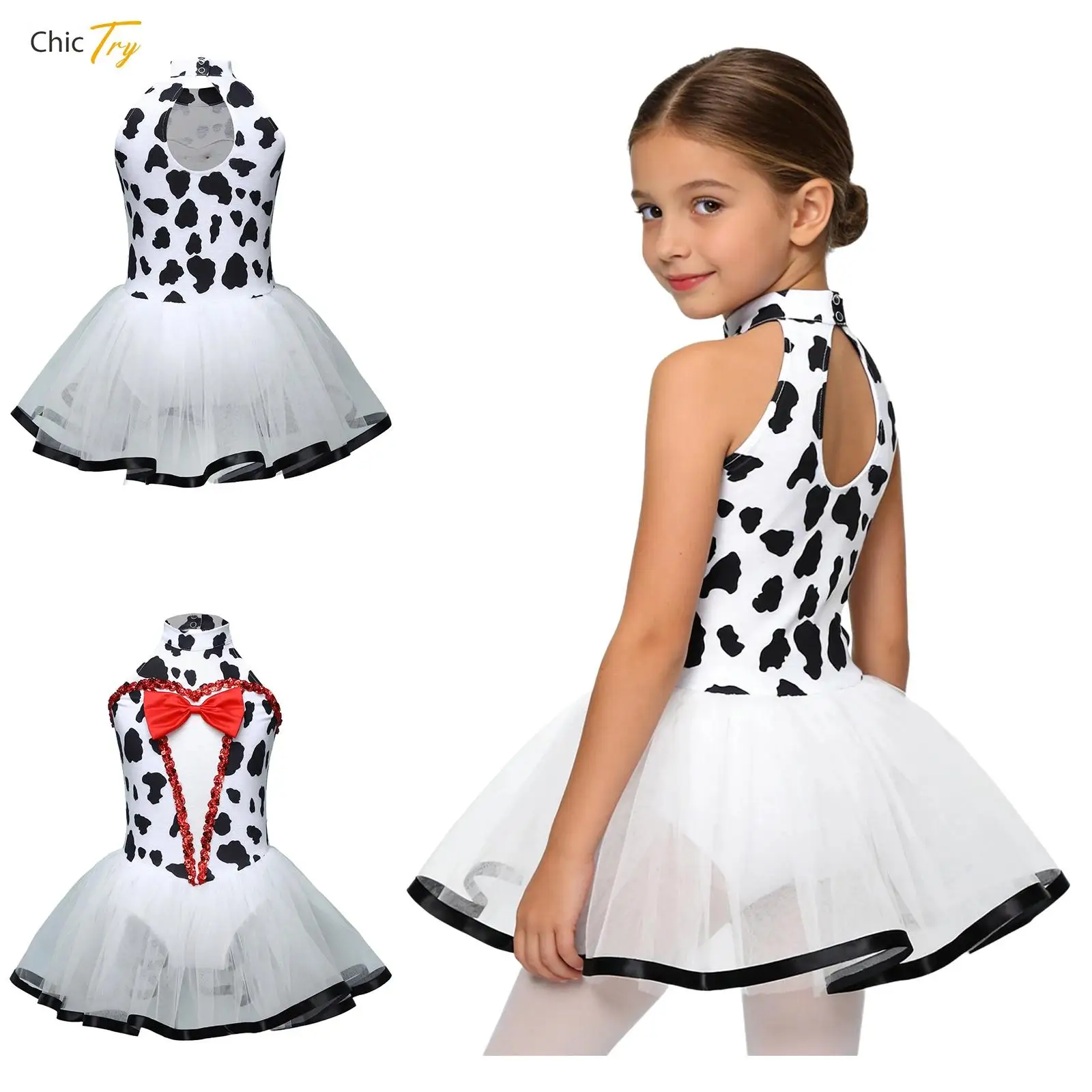 

Girls Halloween Dalmatian Cosplay Costume Animal Fancy Tutu Dress Sleeveless Sequin Bowknot Mesh Puffy Leotard Dress Performance