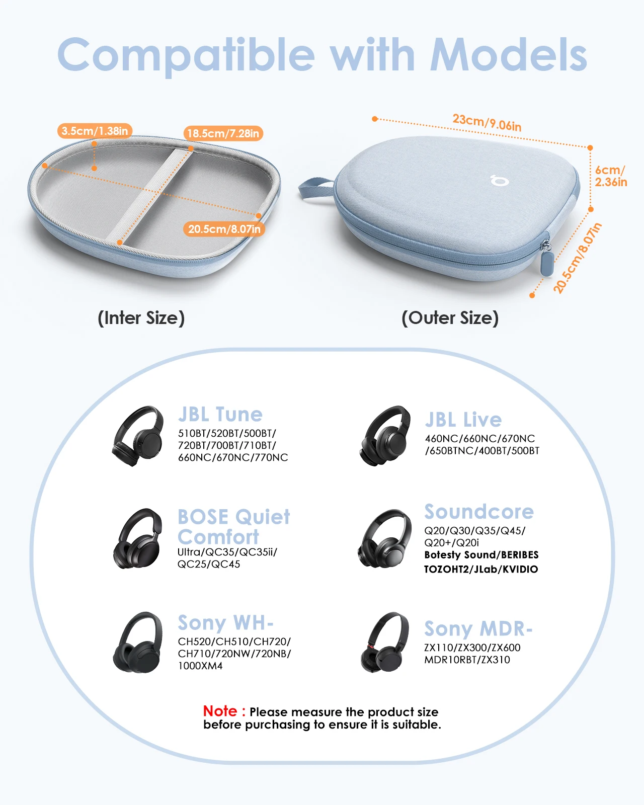 Yinke Kopfhörerhülle, Hartschale, superflach, für Soundcore, Anker, Sony, JBL Over-Ear-Kopfhörer, universelle, tragbare Reise-Organizer-Tasche – Detail 1