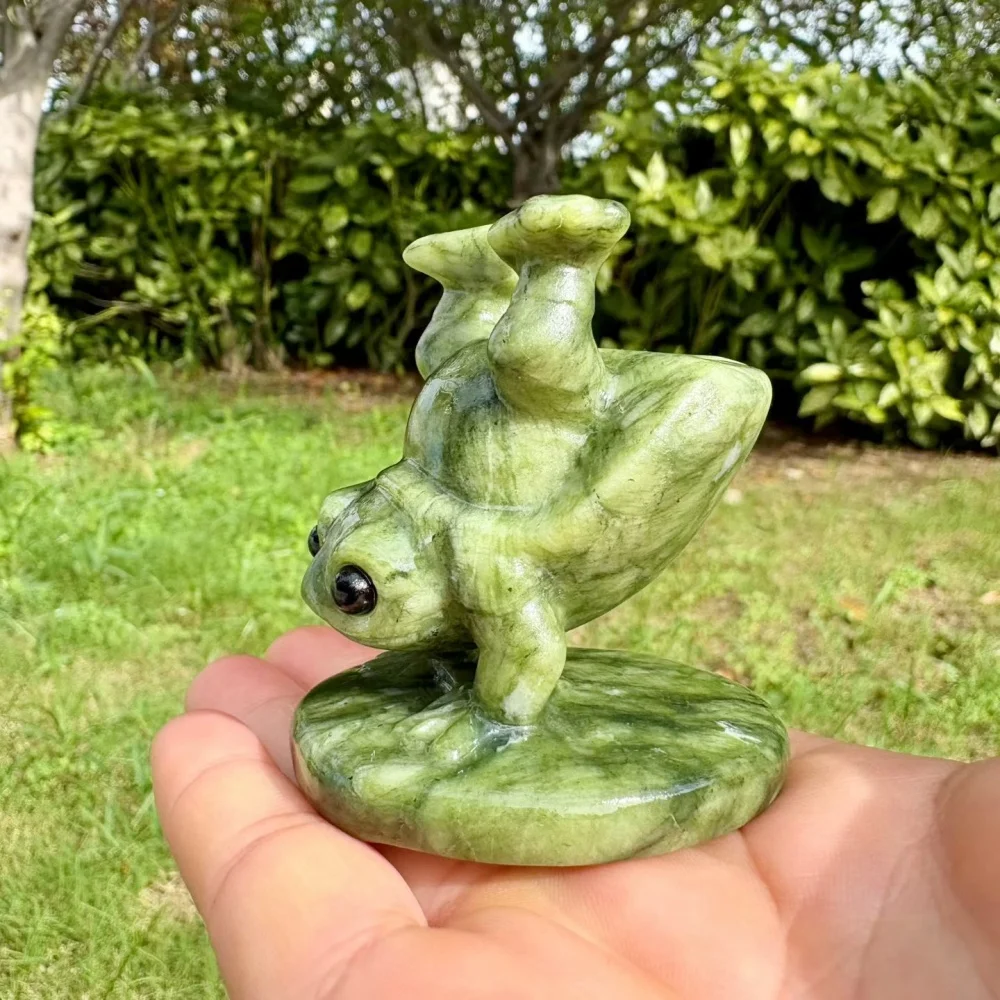 Natural Green Serpentine Jade Yoga Handstand Frog Statue Hand Carved Crystal Frog Figurine Healing Stone Cute Desktop Decor Gift