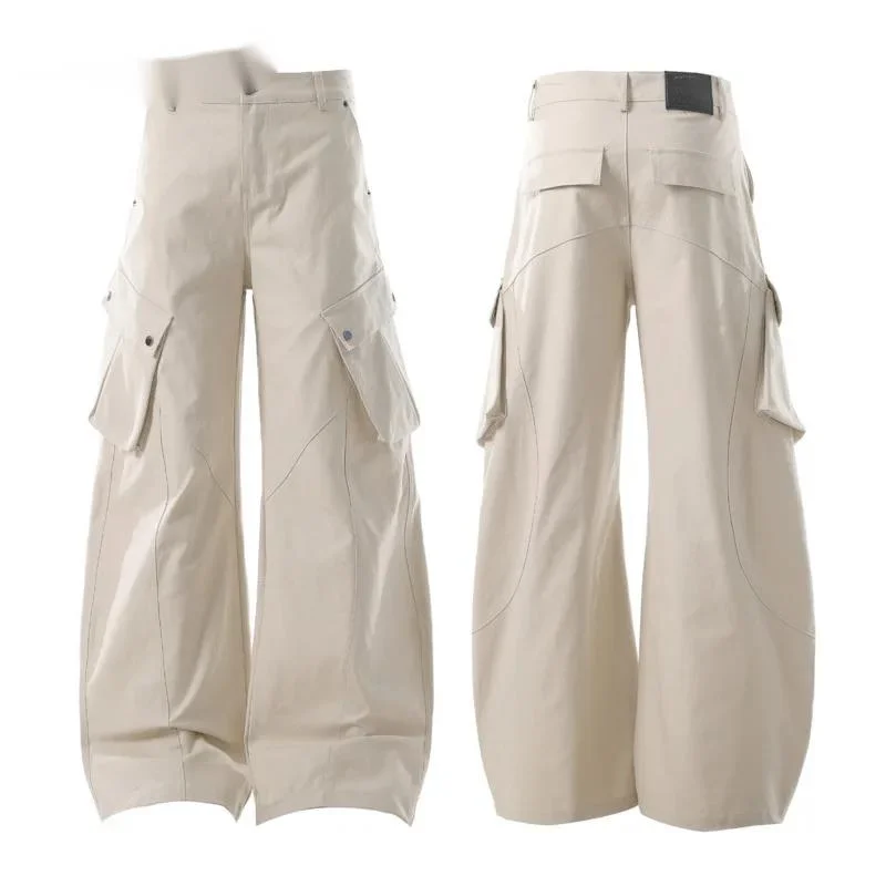 Autumn Men's Cargo Pants Solid Color Lager Pockets Design Simple American Style All-match Wide Leg Loose Male Bottom 958M2