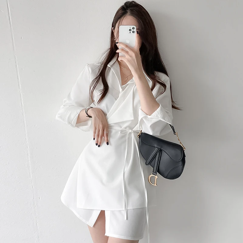 New Korean Chic Autumn Women Dresses Lapel Single-breasted Lace-up Irregularly Styled Shirt-style Dress and Short Skirt
