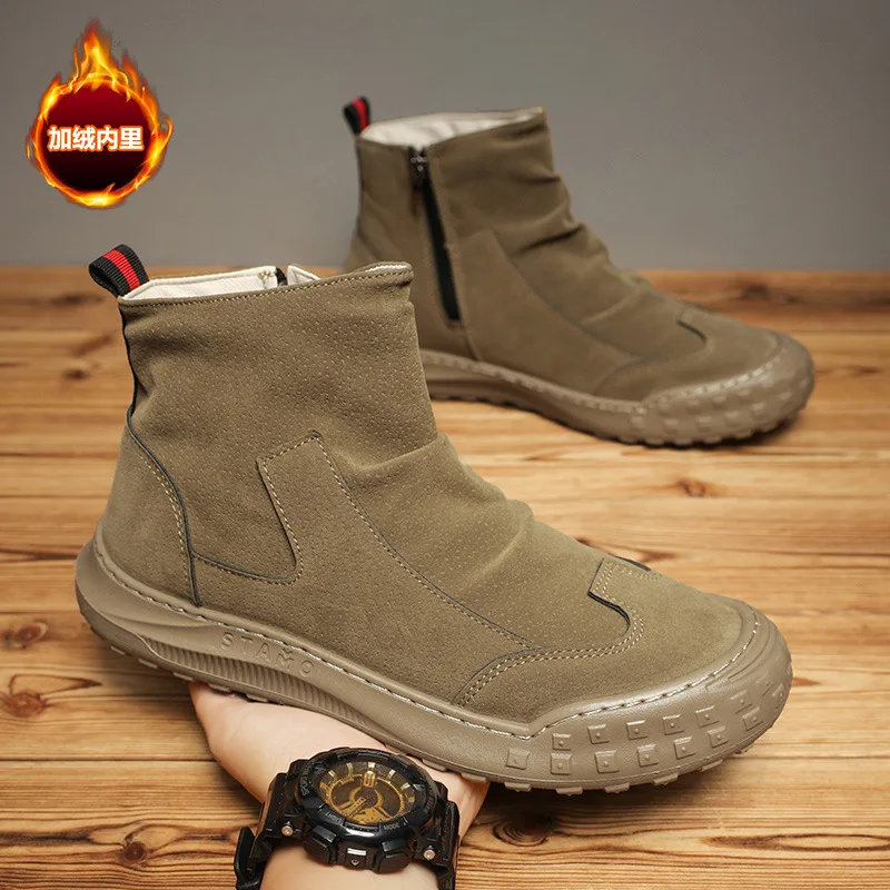 

Mens Boots High Cut Workwear Shoes Flats Zipper Non Slip Comfort Thick Soled Wear-resistant Ankle Boots Winter Warm Fleece Boots