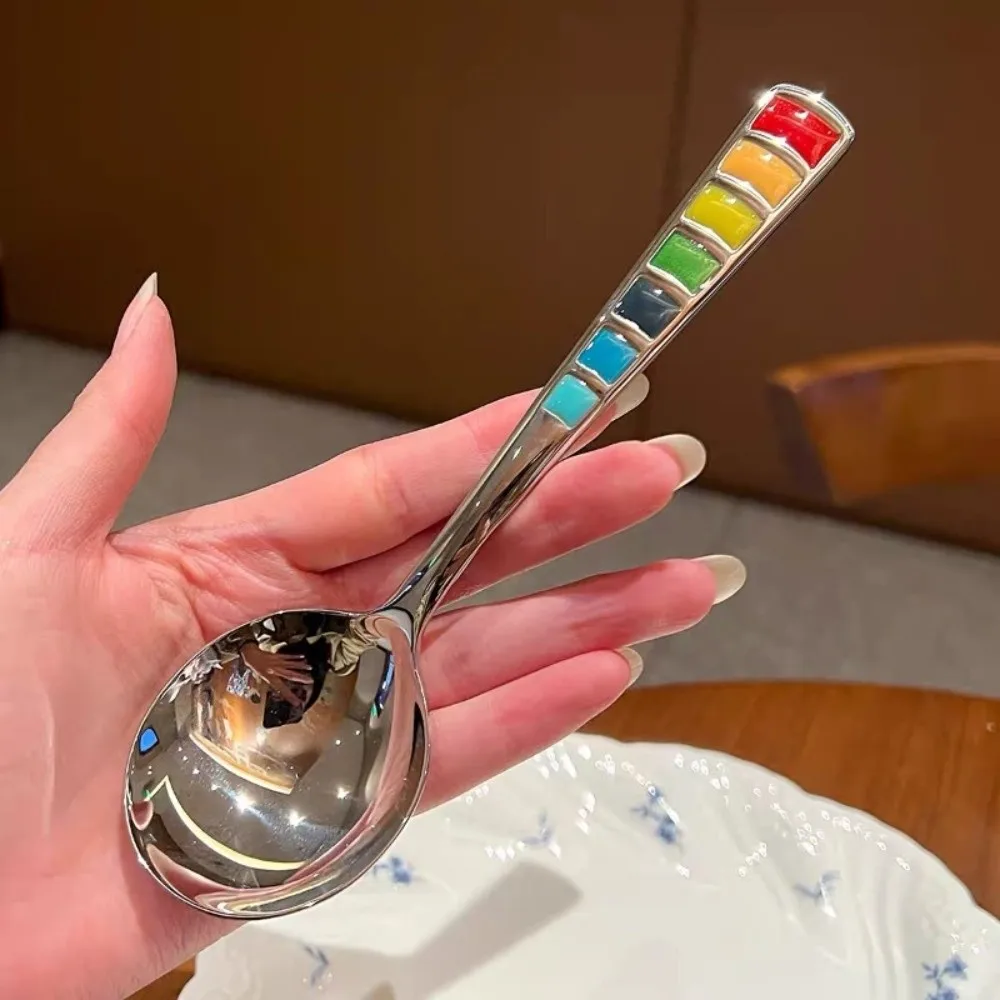 Durable Round Head Soup Spoon Stainless Steel Deepened Serving Spoon Colorful Long Handle Rust-Proof Spoon Catering
