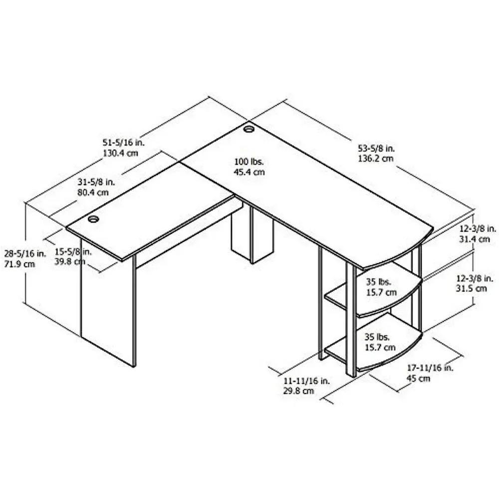 L-образный стол Ameriwood Home Dakota с книжными полками, белый/дуб Сонома