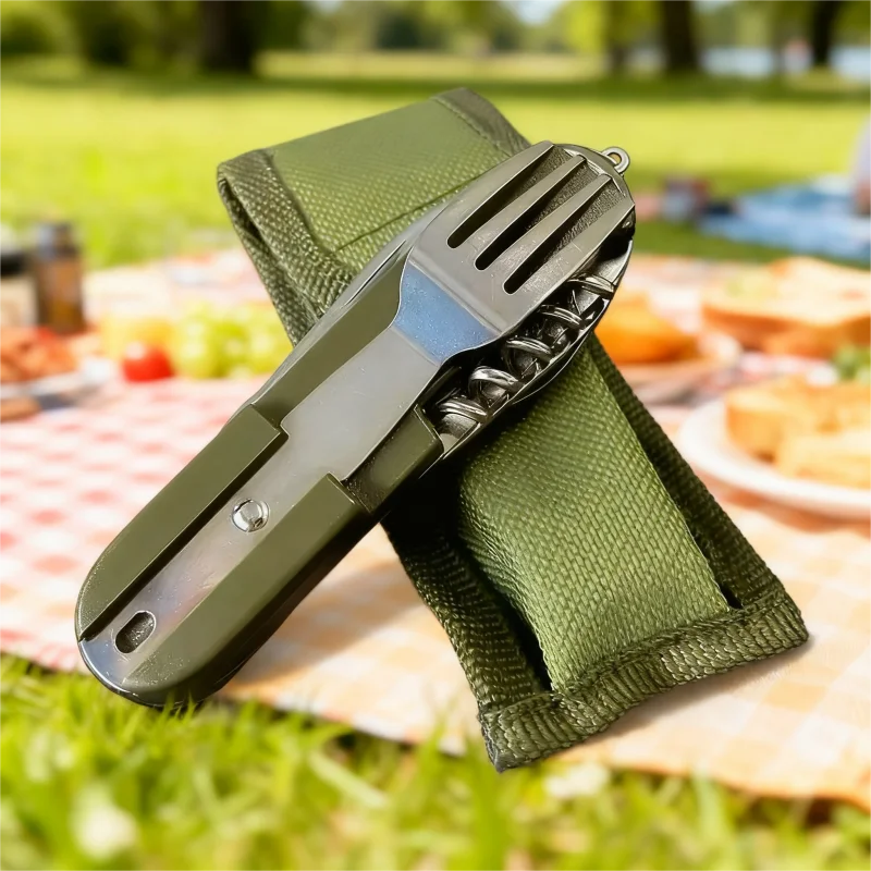 Stainless Steel 7 in 1 Camping Cutlery Set - Foldable Multifunctional Outdoor Tableware with Fork Spoon Knife for Picnic Hiking