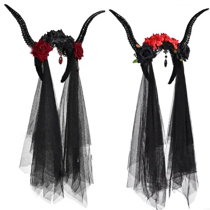 

N7YF Sheep Horn Gothic Headband Steampunk Devil Horns Rose and Tulle Decorations