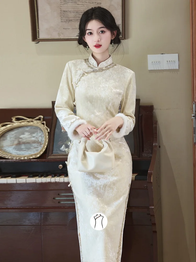 

Потрясающее бархатное пальто-фрак с высоким воротником и разрезом, теплое, с длинными рукавами, для повседневной носки, винтажный китайский стиль, приталенный крой