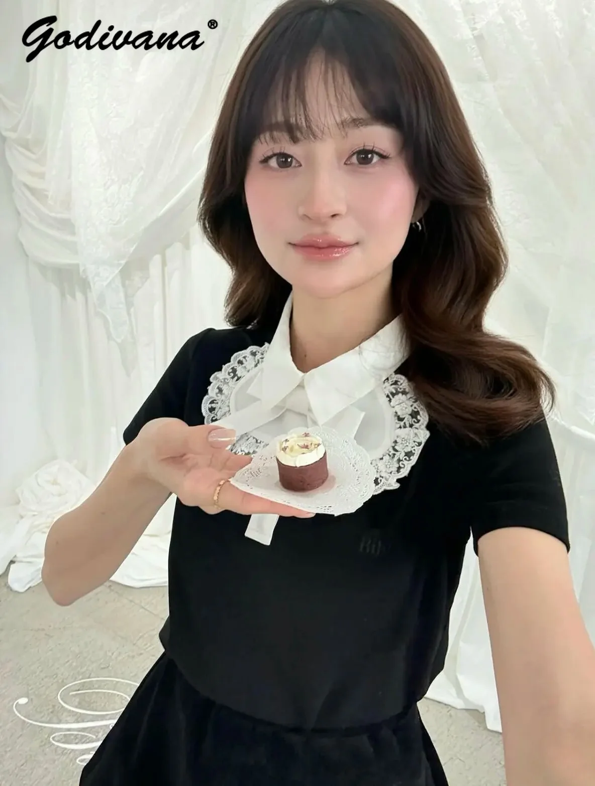Japanese Style Sweet Lace Stitching Short Sleeve Women's T-Shirts Spring Summer New Small Lapel Elegant Ladies Shirt Tops