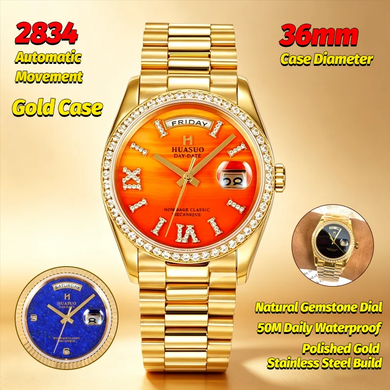 Huasuo 36Mm Classic Mens Automatic Mechanical Watch Gold Natural Stone Dial 2834 Movement 50M Waterproof Luxury Business Watches
