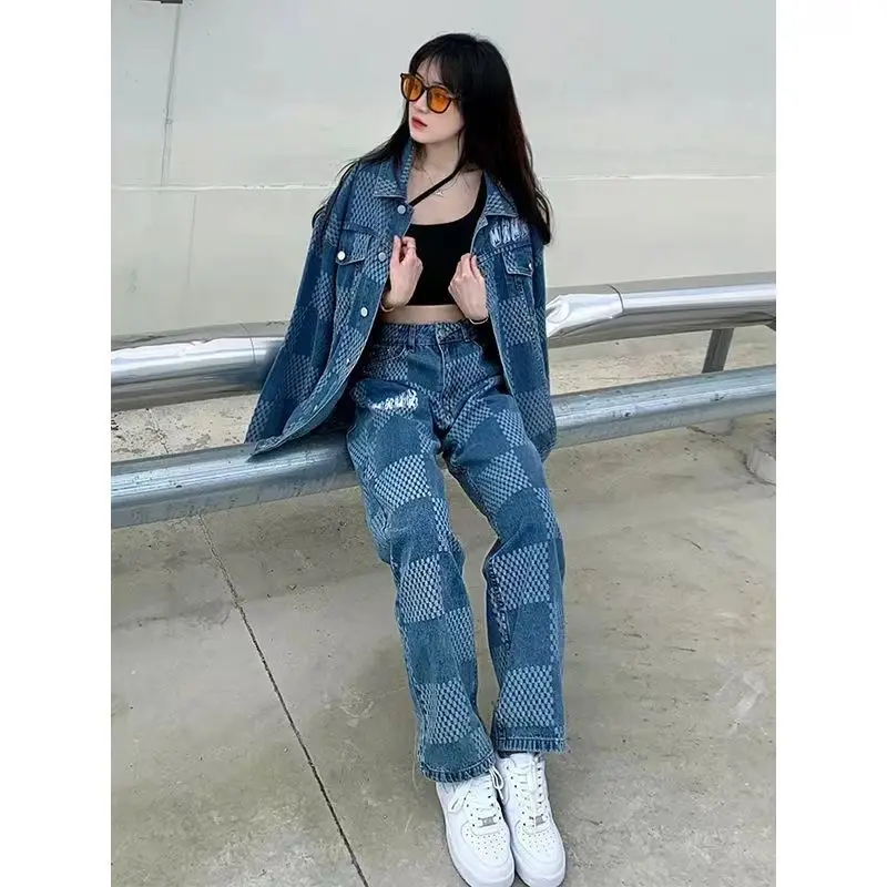 Woman 2 Pieces Pants Sets New Fashion Long Sleeve Coat Tops + Wide Leg Jeans Pants Casual Two Piece Set Women Demin Jacket Suit