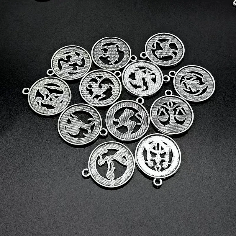 12pc Silver Color 24x21mm Twelve Constellations Charms Zodiac Pendant For DIY Handmade Metal Astrology Jewelry Making Accessorie