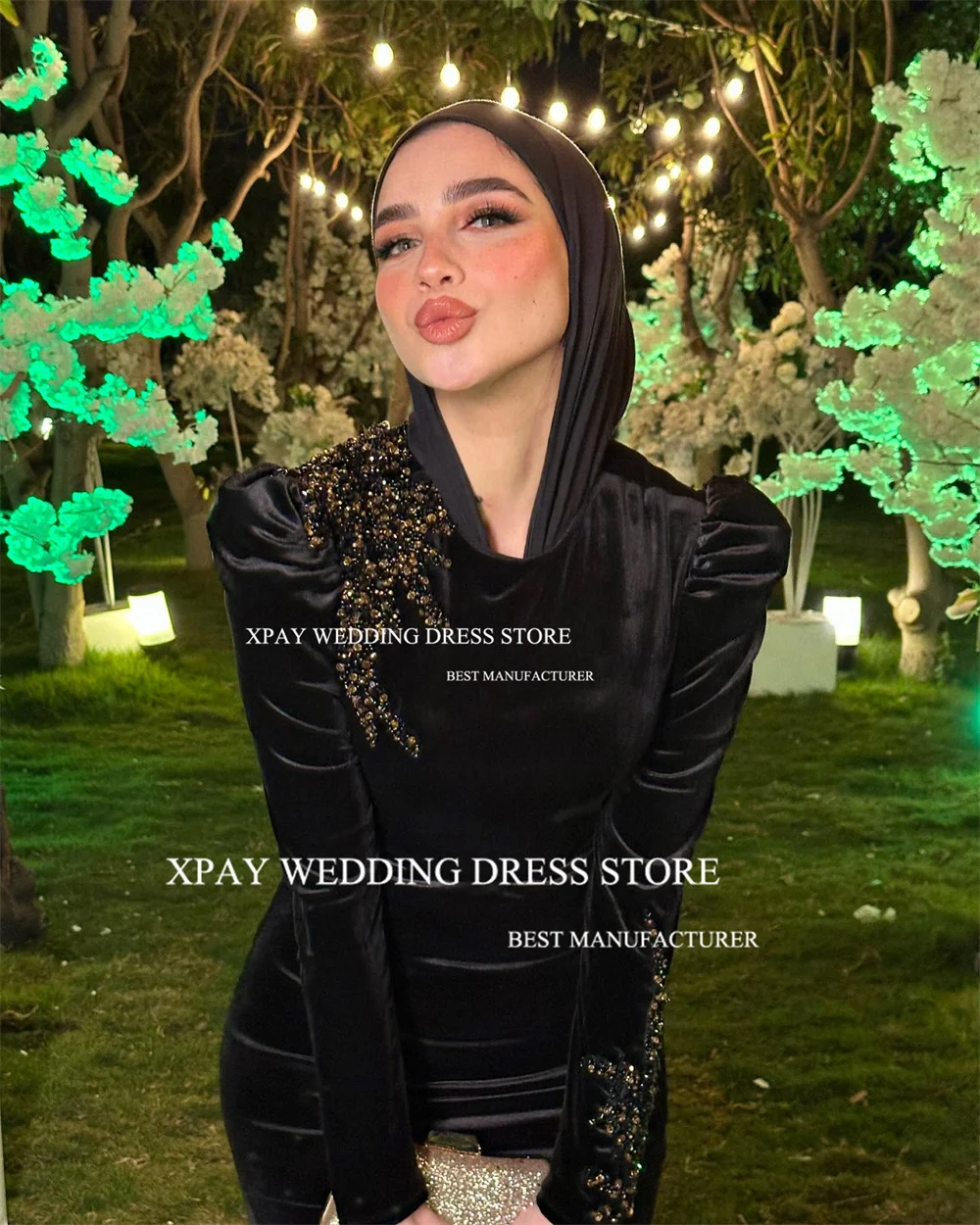 XPAY Luxury Black Velvet Mermaid Evening Dresses Beadings Dubai Arabic Women Muslim Long Sleeves Formal Celebrity Prom Gowns