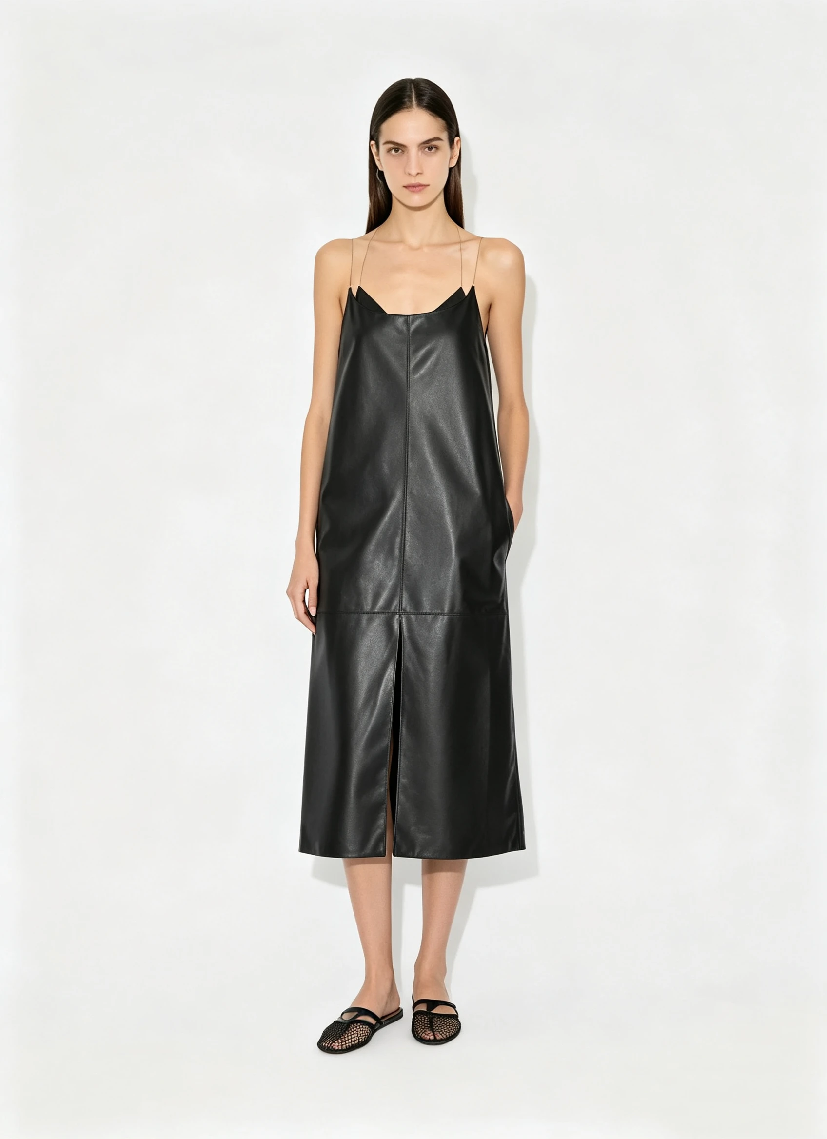 Minimalist Black Faux Leather Slip Dress with Spaghetti Straps and Front Slit