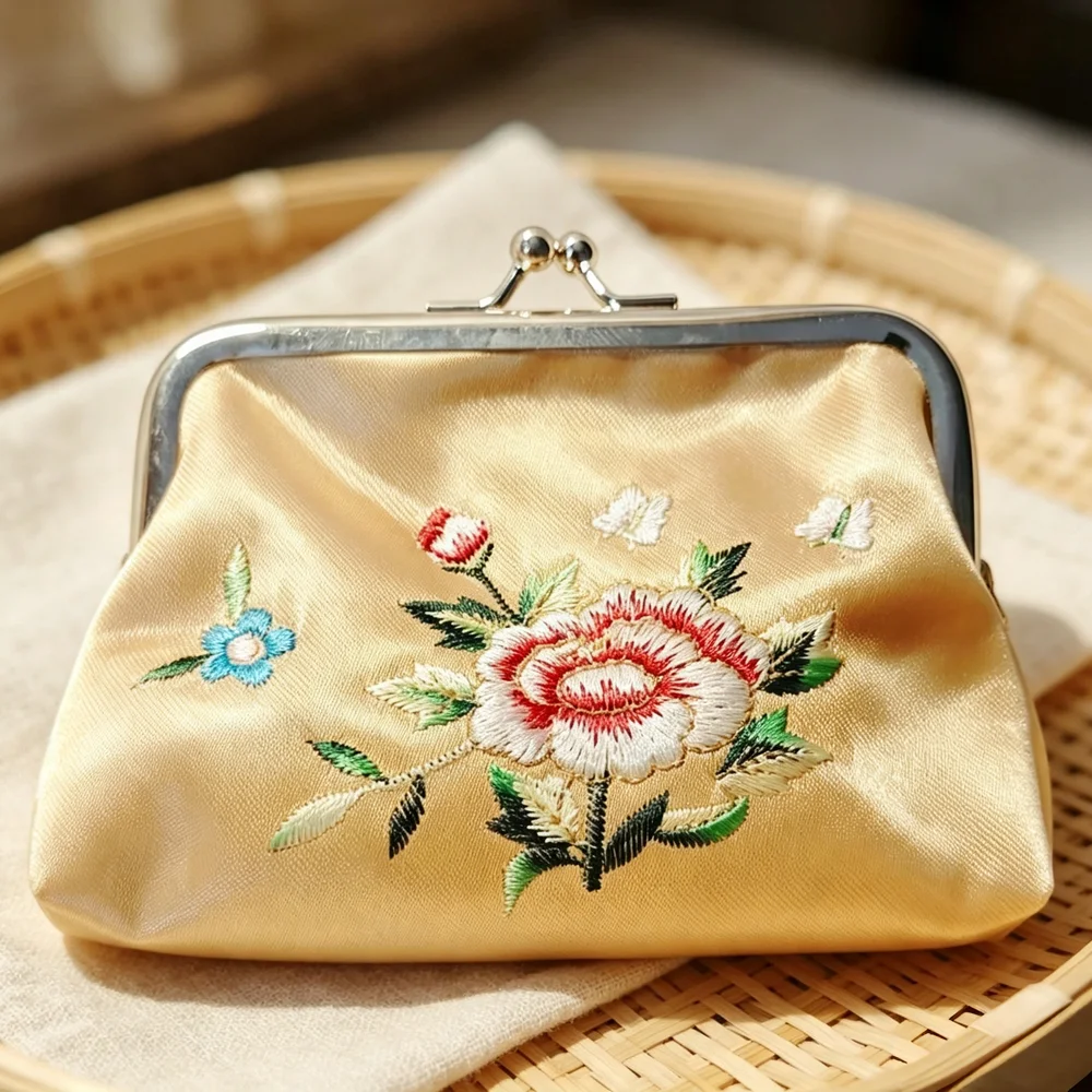 Satin Floral‑Embroidered Frame Purse – Vintage Clasp Coin Pouch, Lightweight & Compact for Everyday Bits