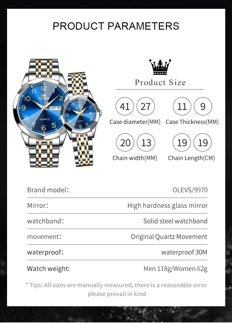 Olevs 9970 relógio de casal de luxo masculino feminino aço inoxidável à prova dwaterproof água calendário relógio de pulso mostrador digital losango espelho amantes relógio