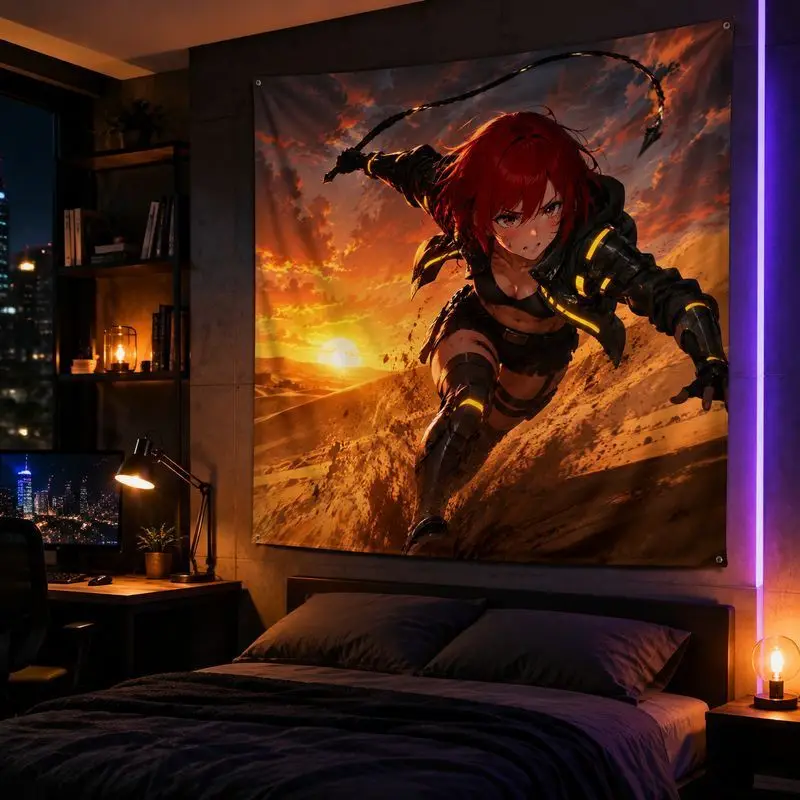 VIKAMA Battle Anime Girl Galaxy Tapestry, Aesthetic Wall Hanging, Cool Fantasy Blanket for Gaming Bedroom Dorm Decor