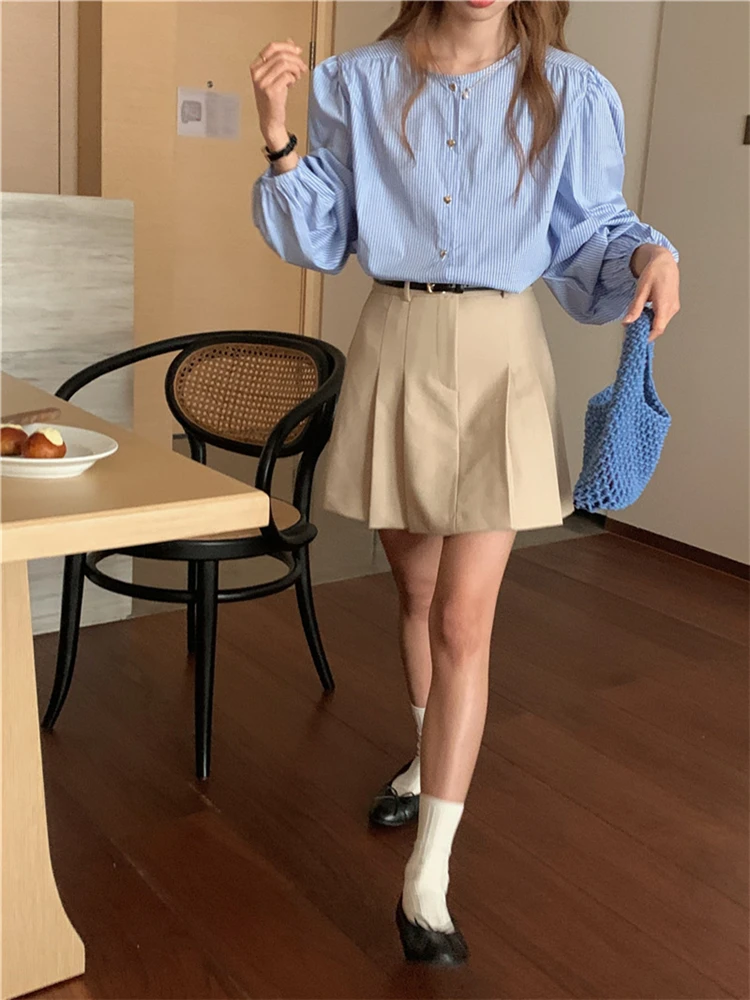 BL9961 New 2024 Korean Fashion Office Lady Puff Sleeve Striped Chic Oversized Women Blouses Shirts Vintage Elegant Lady Tops