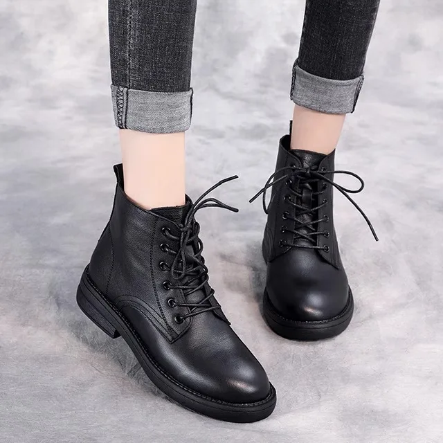 

Genuine Leather Boots Women's Top Layer Cowhide New British Style Short Boots High Top Booties Winter Middle Heel roun...