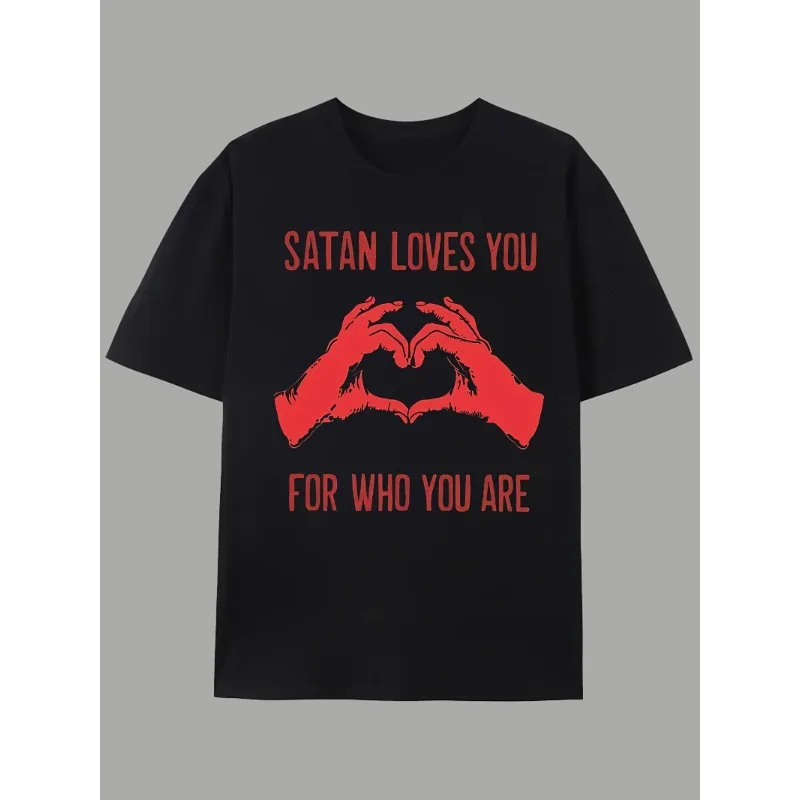 Satan Loves You Gothic T-shirt - Black and Red Devil's Love Hand with Satan Ritual Text Print, unisex short sleeved T-shirt
