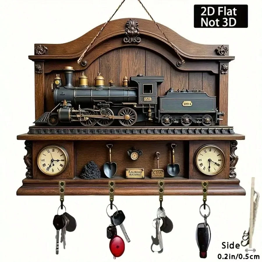 Two-Dimensional Vintage Iron Rail Pattern Decorative Wall Clock with Four Metal Hooks, Suitable for Entryways, Rooms, and Villas Size: 30.0cm × 23.01cm . Multifunctional Home DIY Wooden Key Storage Rack, Two-Dimensional Flat Design, Men's Gift, Home Hanging Decoration. Wall Art, Home Decor, Wall Displays, Art Walls