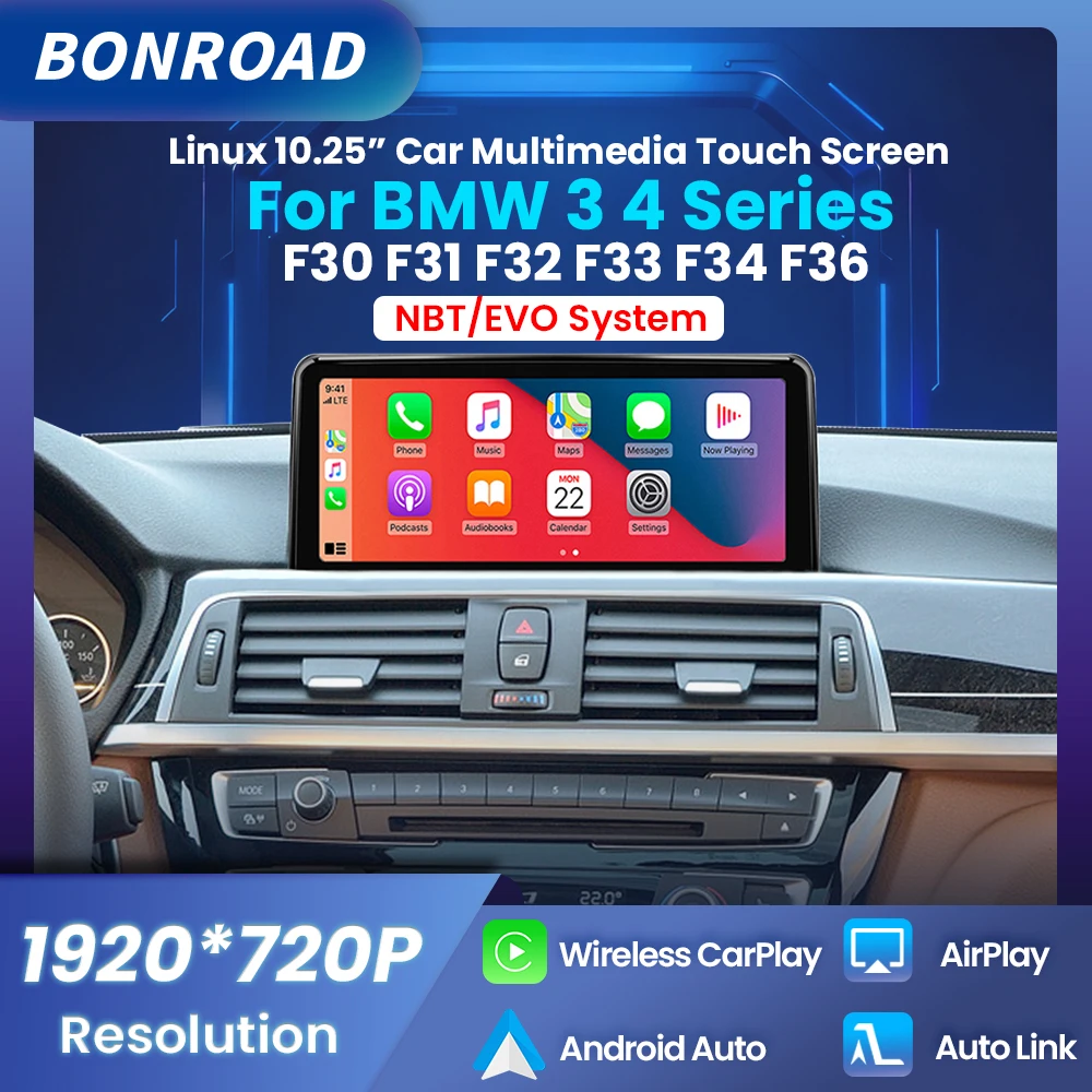 BONROAD 10.25 "lecteur multimédia sans fil CarPlay Android Auto, Radio, écran tactile, pour BMW série 3/4 F30/F31/F33/F34/F36 NBT EVO