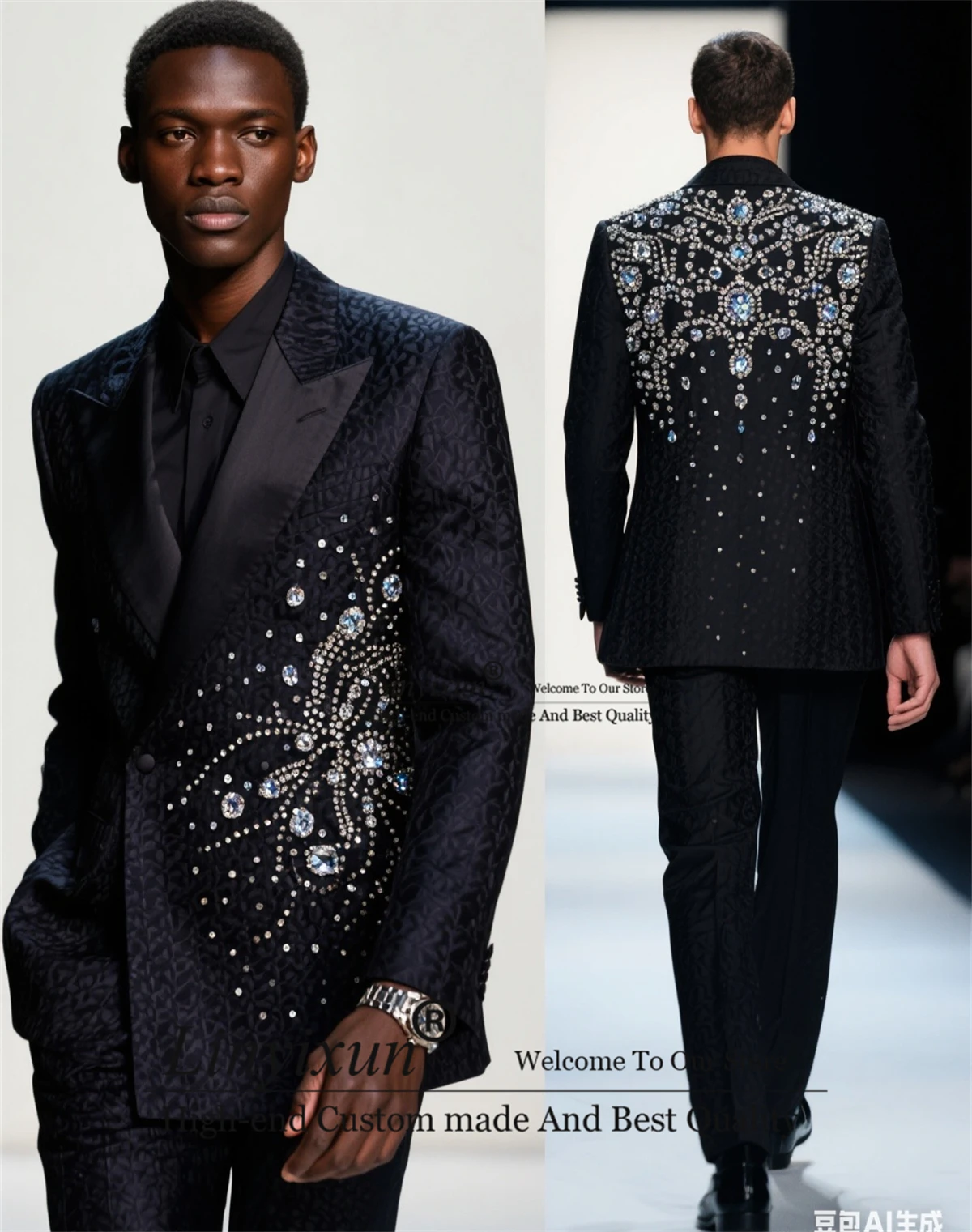 

Модный жаккардовый мужской костюм на свадьбу, комплект из 2 предметов, мужской пиджак для выпускного вечера, блестящие кристаллы, расшитые бисером, trajes para hombre, по индивидуальному заказу