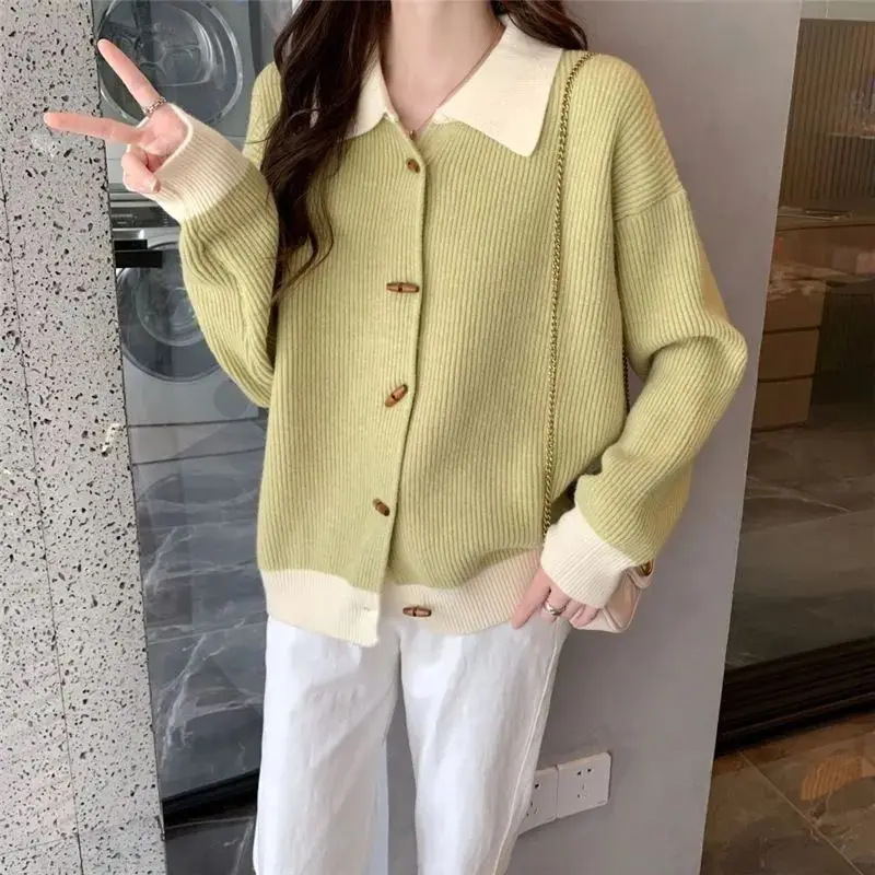 Polo-Neck Loose Casual Sweaters Female Clothing Contrasting Colors Patchwork Autumn Fashion Bull Horn Buckle Knitted Cardigan