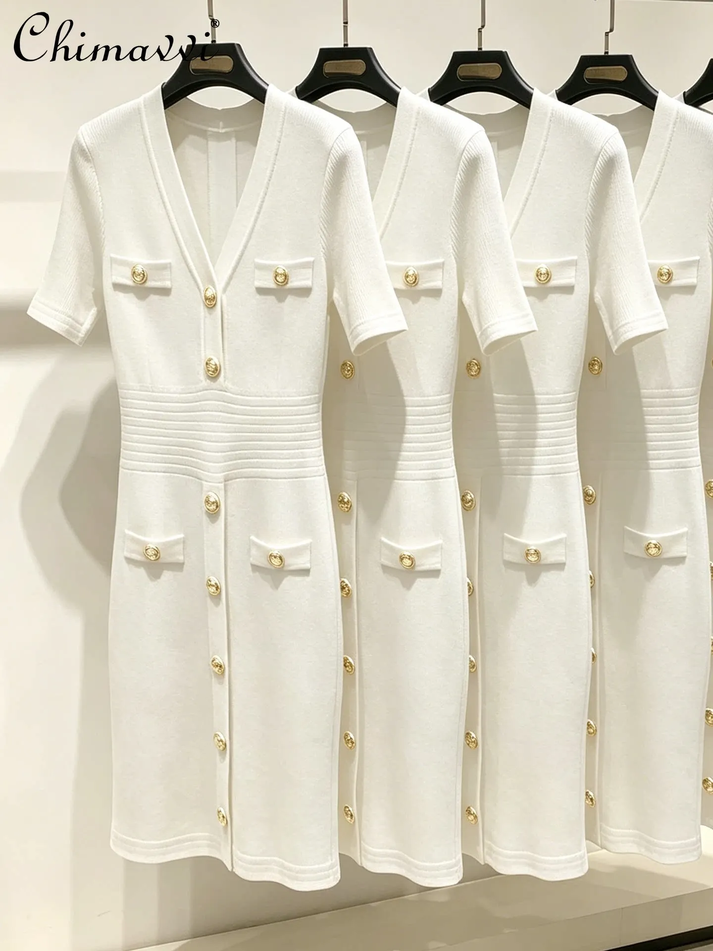 

High-end Luxury V-neck Knit Dress for Women New Spring Summer Fashion Short Sleeve White Fitted Waist Ladies Bodycon Dresses
