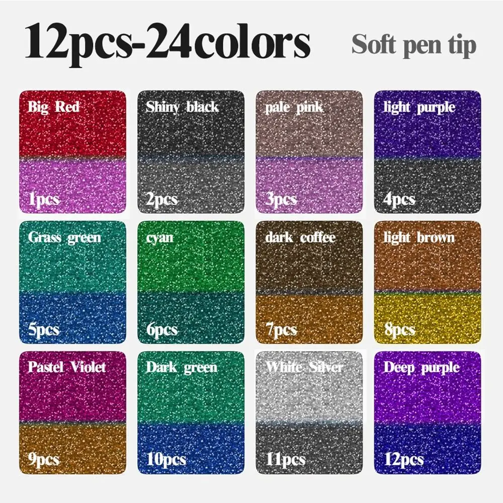

12/24pcs Glitter Flash Marker Pen Soft Tip Double Tip Double Colors Glitter Fluorescent Pen Colored Highlighters Students