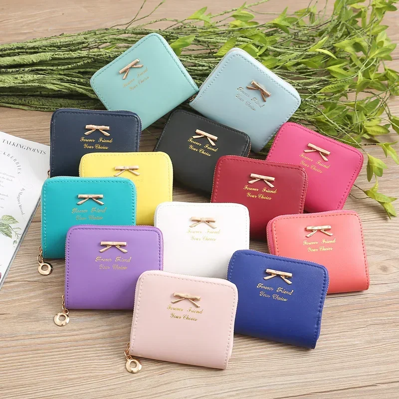 Petit portefeuille en cuir multicolore pour femme, petit sac à main à fermeture éclair pour femme, porte-monnaie féminin, nœud de bonbon mignon, neuf, 1 pièce
