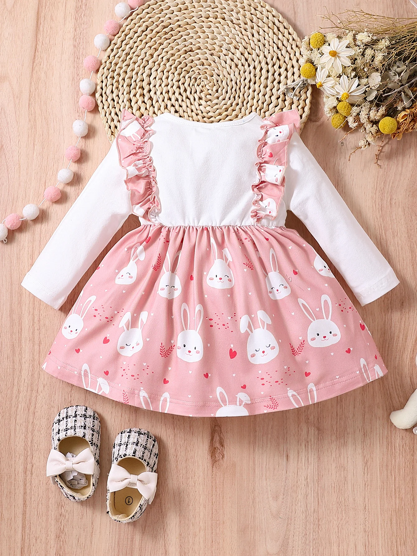 New Spring and Autumn Cute Girl Rabbit Princess Dress Children\'s Long sleeved Rabbit Printed Clothes Infant and Child Party Casu