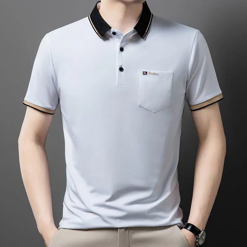 High End Temperament Simple Men's Summer Short Sleeved Polo Shirt Lapel Button Patchwork Pocket Smart Casual Versatile Loose Top