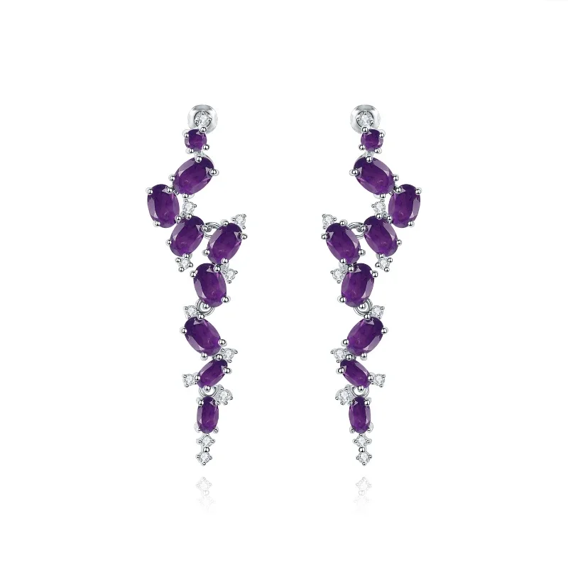 

Designer Long Gemstone Earrings French Romantic S925 Silver Natural Amethyst Stud Earrings