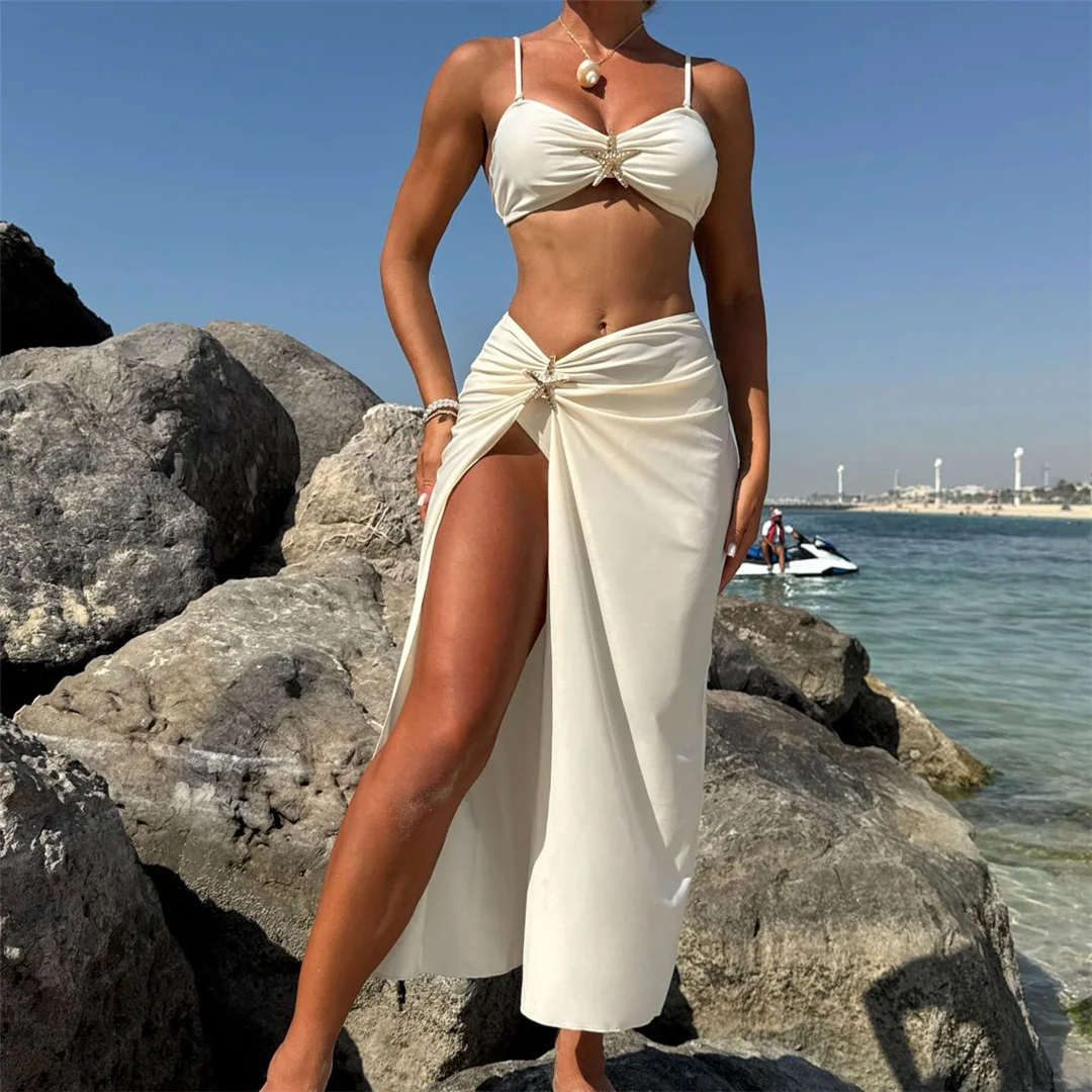 Metall-Stern-Bikini, Damen-Badeanzug, dreiteiliges Bikini-Set mit Rock, brasilianischer Badeanzug, Badebekleidung, Modell V7104C. – Detail 4
