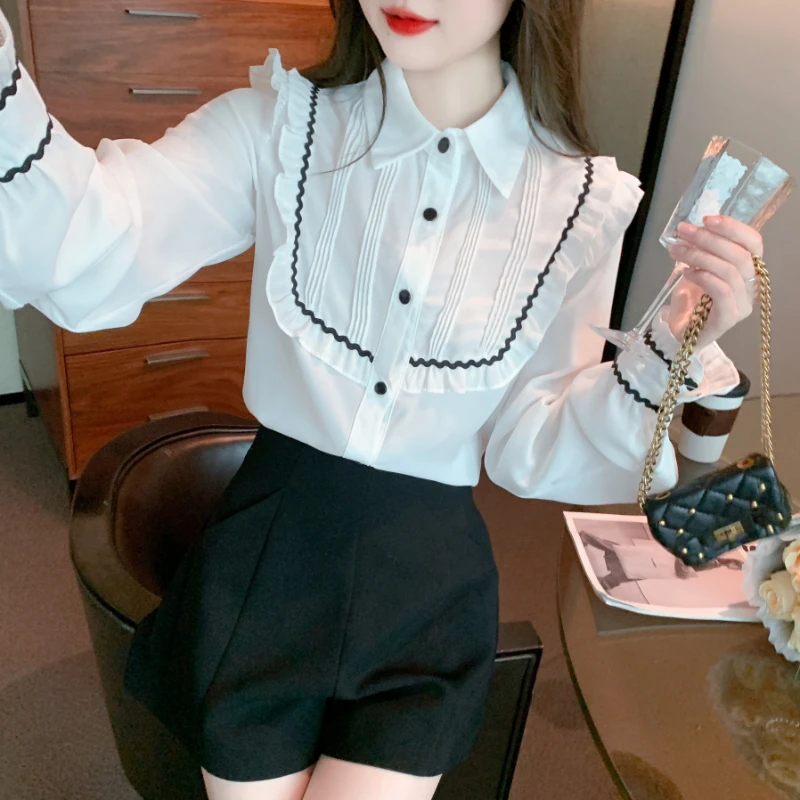 Korean Version Lapel Ruffle Long Sleeved Chiffon Shirt with Fashionable Temperament Polo Collar Shirt for Outerwear Trend