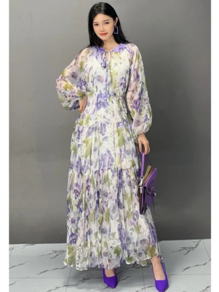 Vefadisa 2024 Autumn New Purple Printed Dress With Long Sleeves Lace-up Decorative For Temperament Elegant Fashion Dress ZXY962A