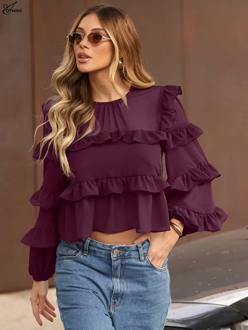 

Oymimi Fashion Purple O-Neck Blouses Woman 2025 Elegant Long Sleeve Ruffled Loose Blouses Casual New Solid Crop Tops Streetwear