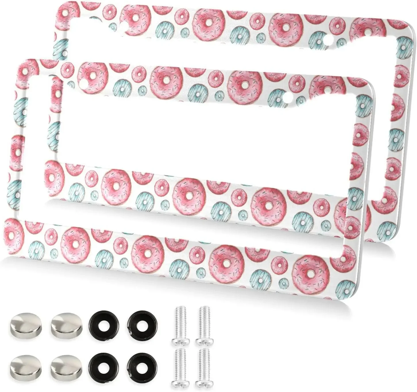 Watercolor Doughnut Pattern Car License Plate Frame 2 Pack License Plate with 2 Holes Car Tag Frame for Women Men US Vehicles