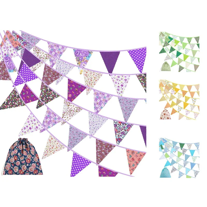 40 Feet Fabric Bunting Banner Vintage Bunting Flag Floral Pennants Triple-Cornered Flags For Birthday Wedding Party