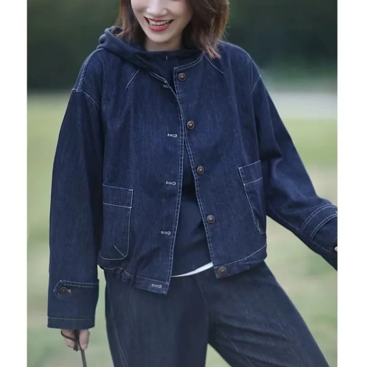 

Retro Hong Kong Style Short Denim Jacket Women's Spring Autumn Cool Casual Workwear Windbreaker Open Cardigan Outerwear