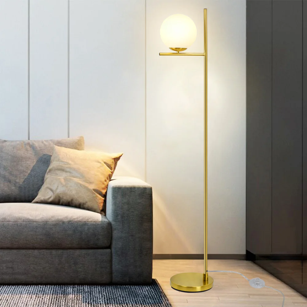 Depuley 9W Modern Frosted Glass Globe LED Floor Lamp Pole Standing Lamp for Bedroom Living Room Energy Saving Luminaire Gold