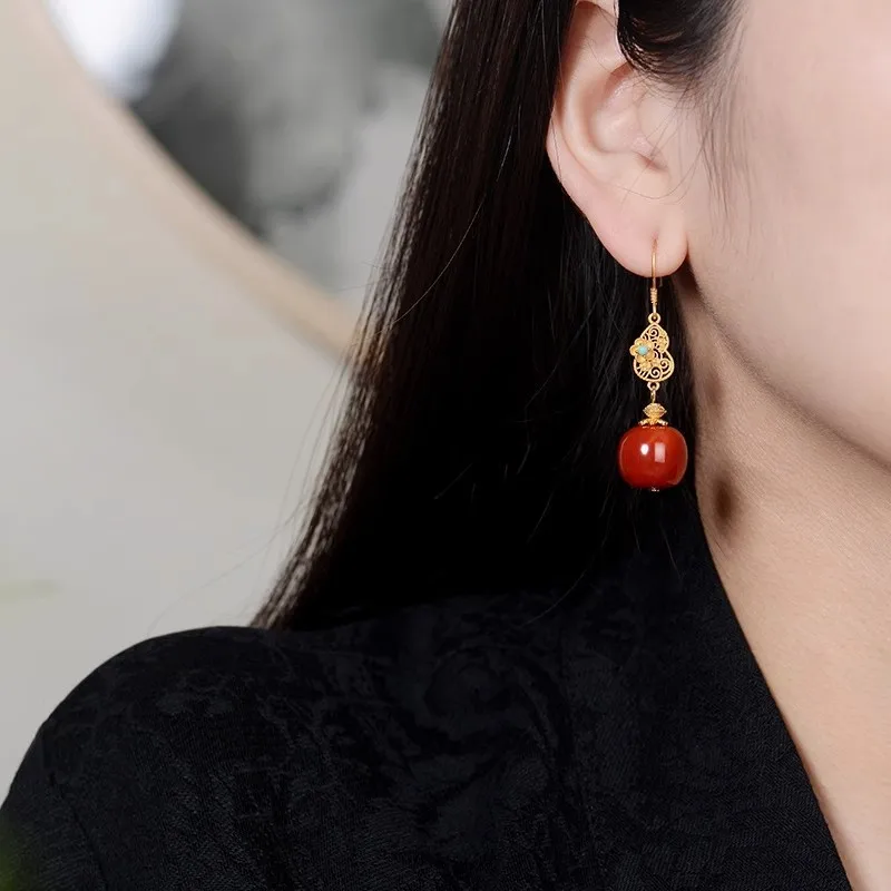 Artificial Southern Red Agate Gourd Earrings New Chinese Style for Xiuhe Suit Wedding Red Bridal Jewelry Traditional Accessory