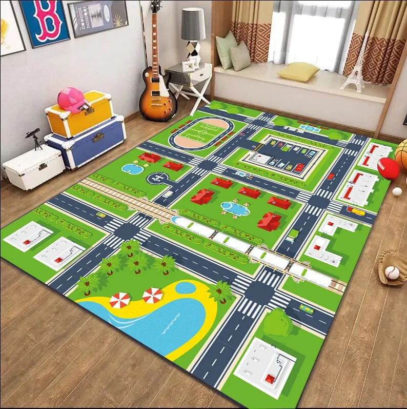 Cartoon City Road Traffic Pattern Carpet Kids Protective Mat For Toy Storage Insulation Mat Playroom Decoration Mat