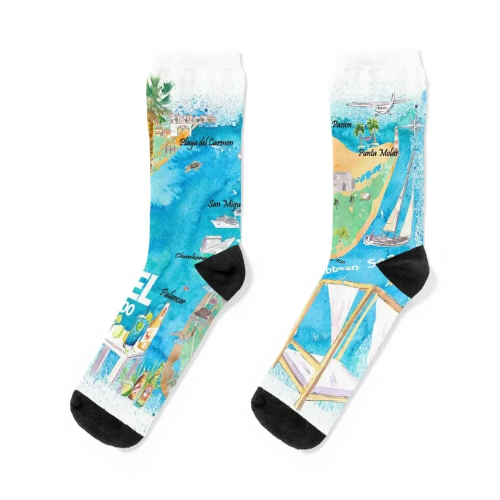 Cozumel Quintana Roo Mexico Illustrated Travel Map with Roads and Highlights Socks Christmas Stockings man Socks Ladies Men's