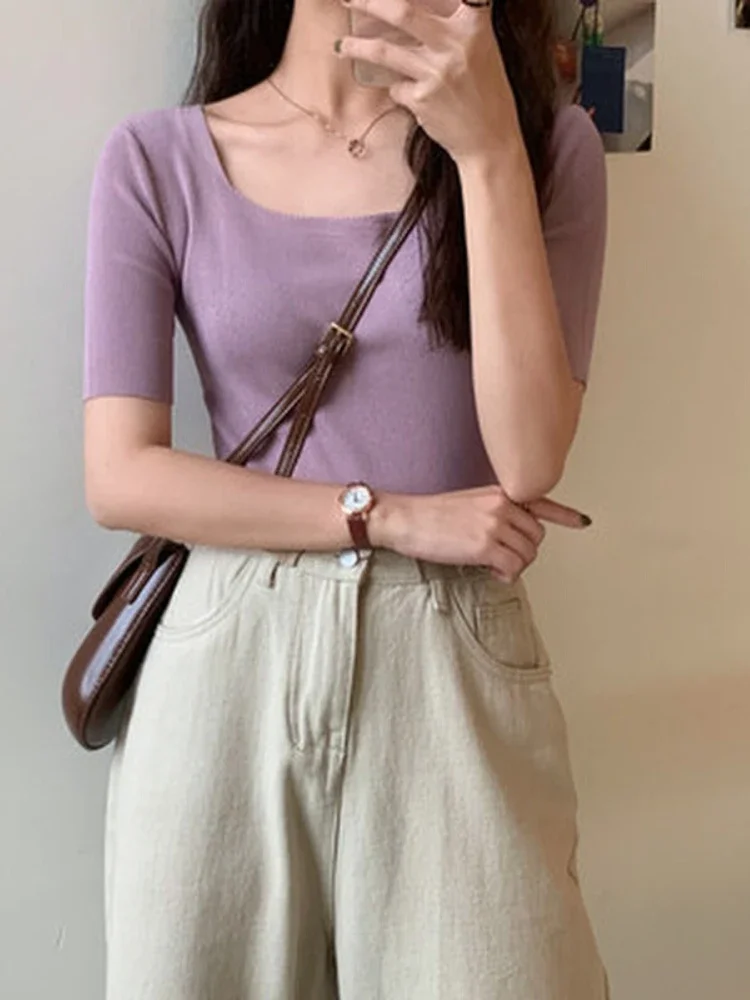 

2025 Summer Basic Solid Thin Pullover Women Female Knitted Ribbed Sweater Slim Short Sleeve Bodycon Sweater