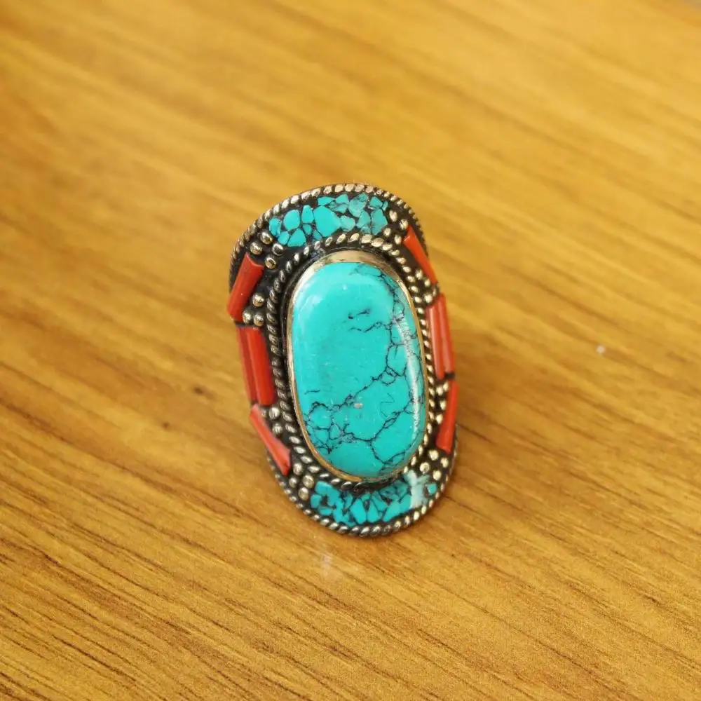 RG366 Handmade Nepal Big Rings For Man Copper Inlaid Turquoises Coral  Stone Thumb Ring New Arrival