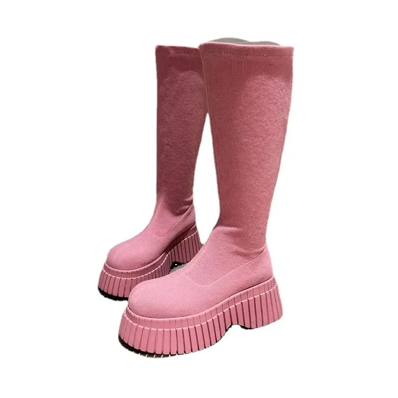 Women High Fly-knitted Elastic Boots  Autumn New Slip on Chunky Platform Ankle Boots Woman Fashion Pink Thick Bottom Botas 2024